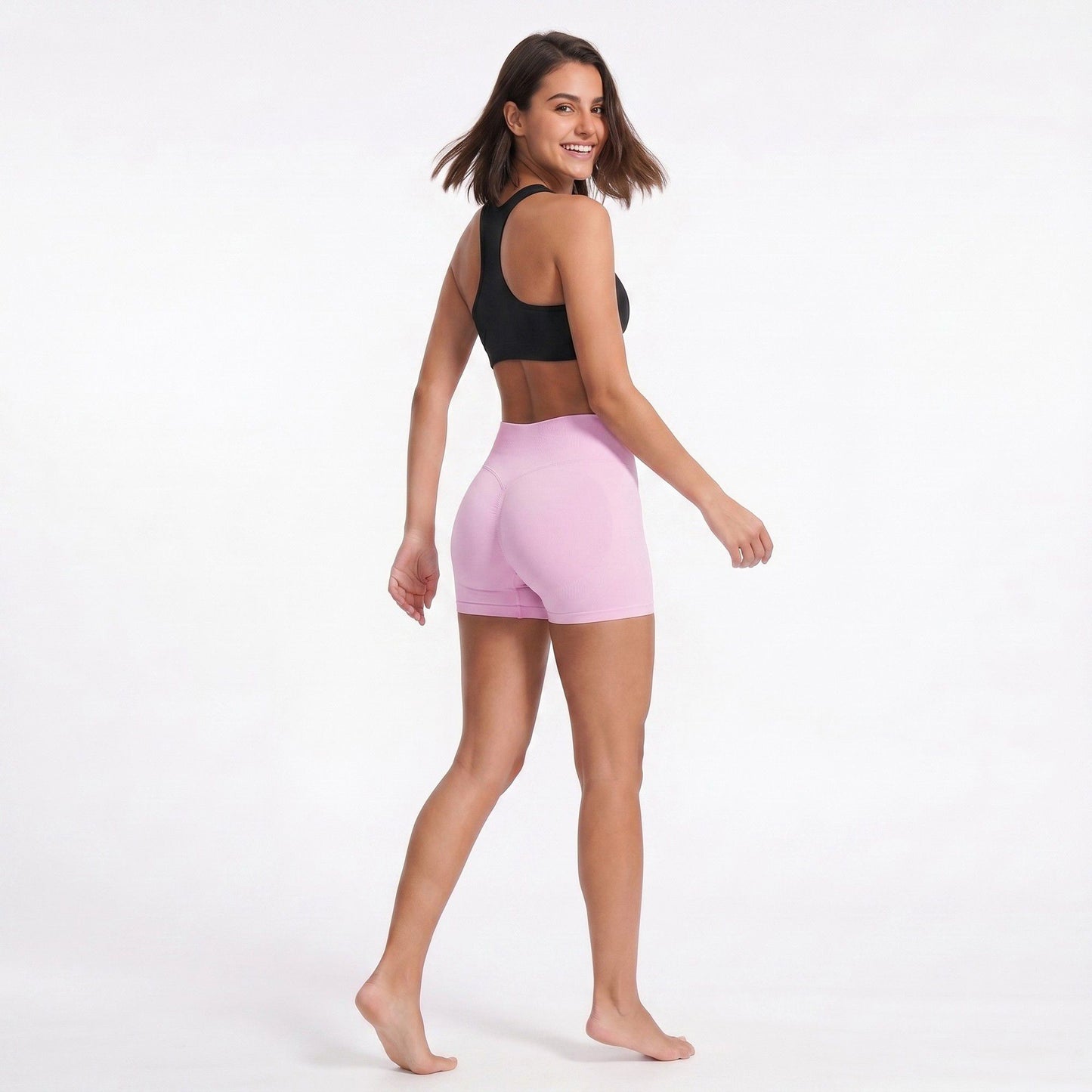 High Waist Seamless Workout Shorts Ribbed Waistband Yoga Biker Shorts