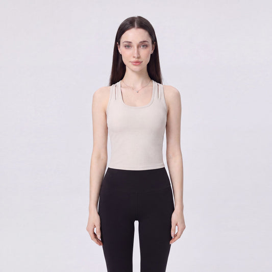 Sleeveless Yoga Tank Top with Built In Padding Scoop Neck Cutout Strap Detail and Fitted Activewear Silhouette