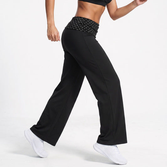 Polka Dot Foldover Waist Wide Leg Yoga Pants Full Length Flowy Workout Trousers