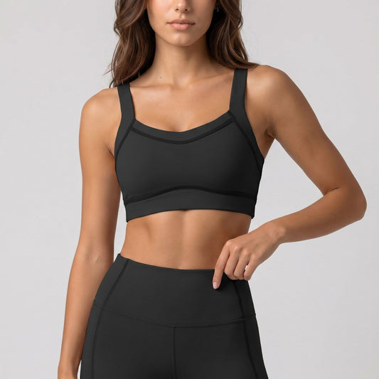 Wide Strap Sports Bra Scoop Neck High Impact Supportive Workout Yoga Gym Crop Top