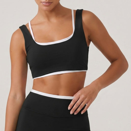 Padded Contrast Trim Sports Bra Tank Top Square Neck Workout Yoga Crop Top