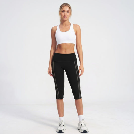 High Waist Side Stripe Capri Leggings Wide Waistband Cropped Workout Yoga Pants