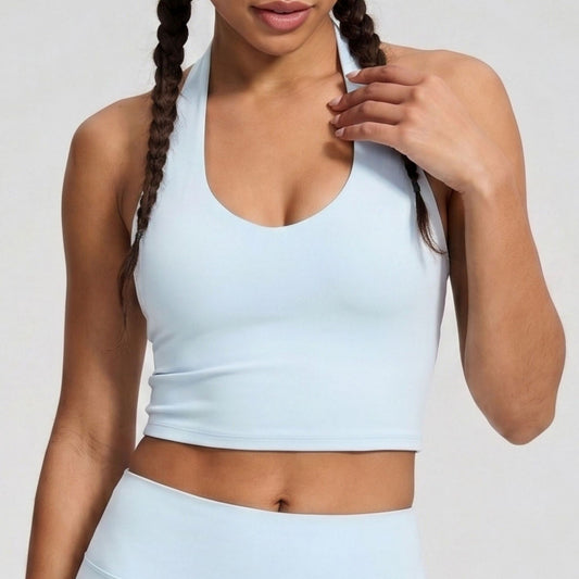 Padded Halter Longline Sports Bra Tank Top Scoop Neck Workout Yoga Crop Top