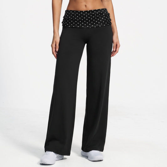 Polka Dot Foldover Waist Wide Leg Yoga Pants Full Length Flowy Workout Trousers