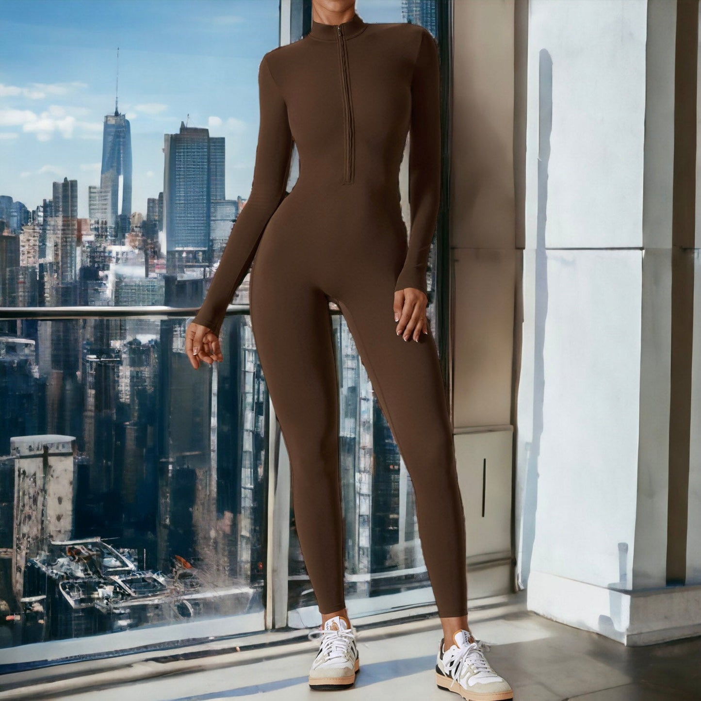 Zipper Long Sleeved Fitness Training Workout Bodysuit