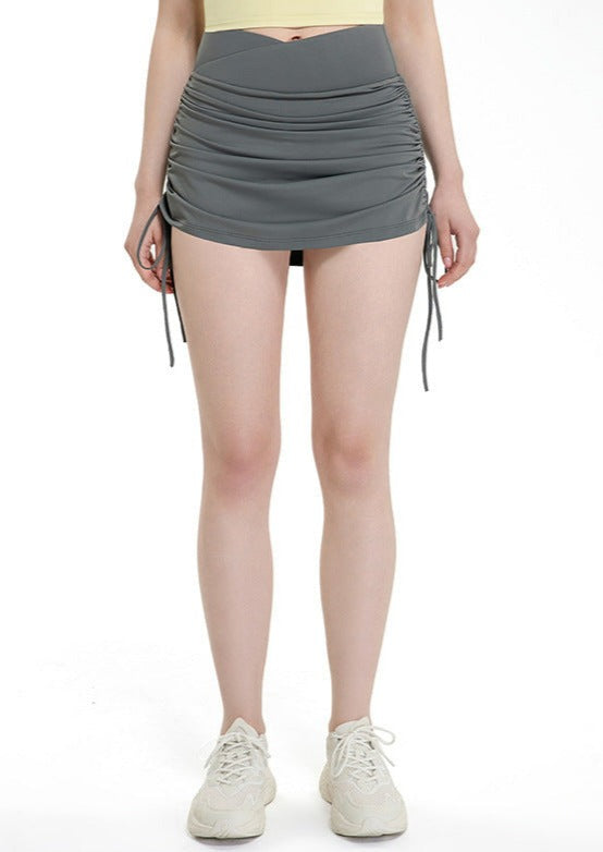 Crossover V Waist Ruched Drawstring Mini Lined Fitness Skirt