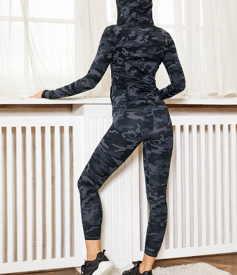 Slim Fit Sports Bra, Leggings, & Hooded Jacket- Three Piece Workout Set