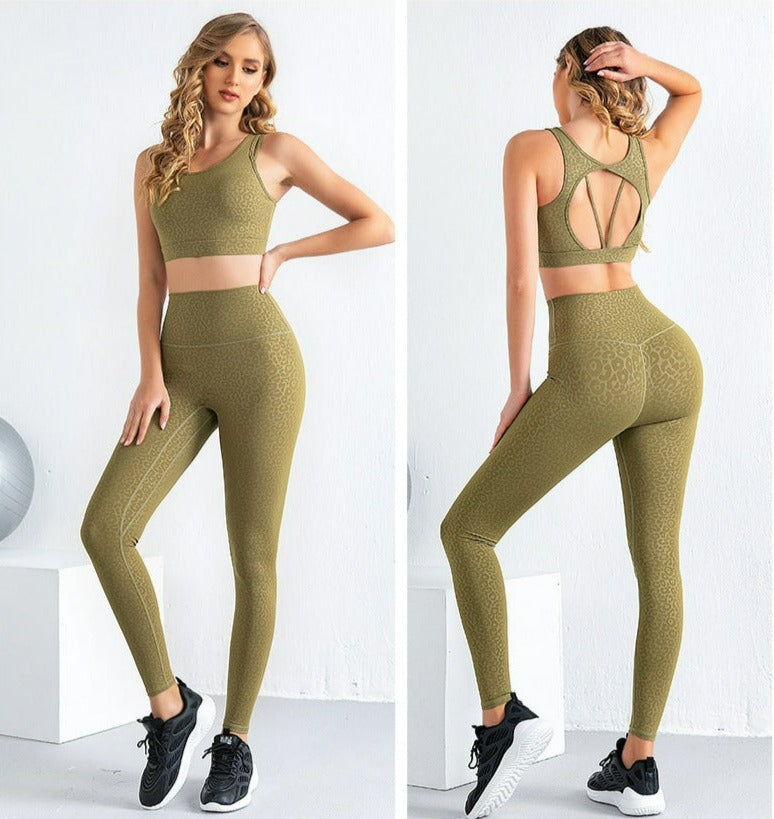 Leopard Print Round Back Cutout Fitness Two Piece Set