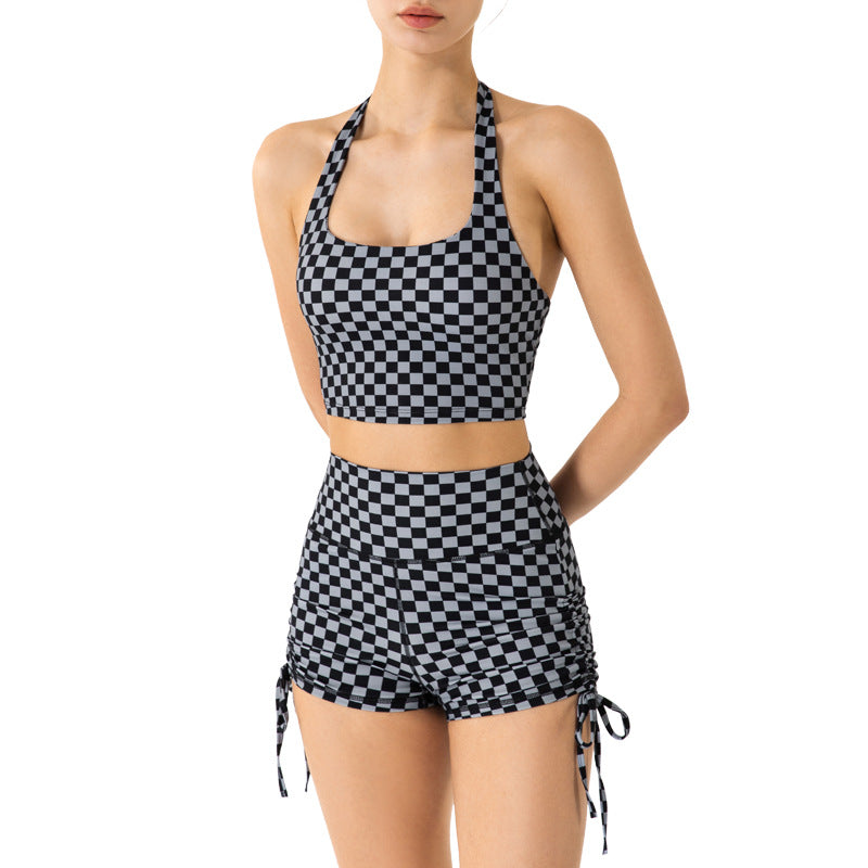 Checkered High Rise Adjustable Drawstring Ruched Shorts