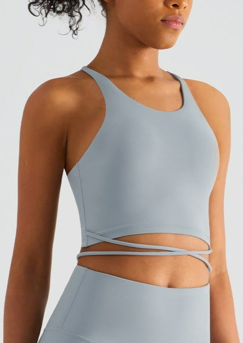 Scoop Neck Wrap Waist Crossover Tying Sports Bra Tank