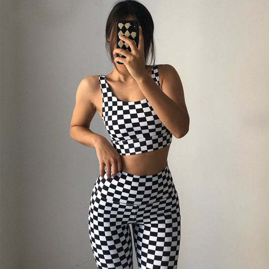 Checkered Open Back Slit Sports Bra