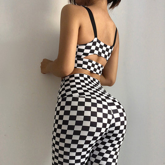 Checkered Open Back Slit Sports Bra