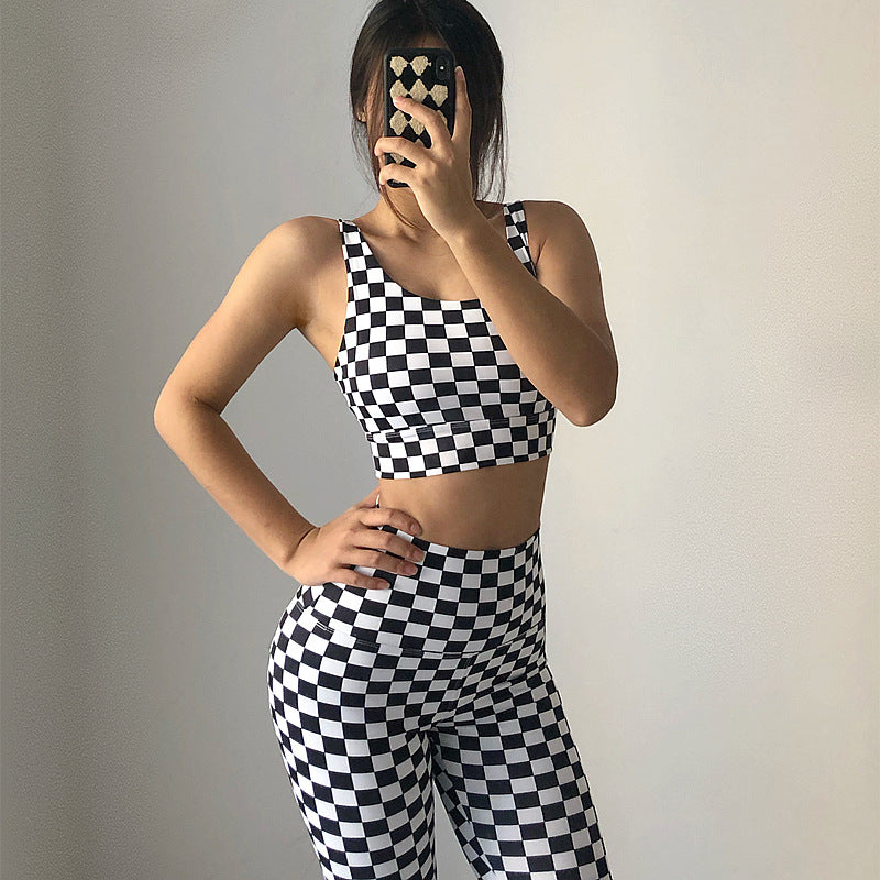 Checkered Open Back Slit Sports Bra