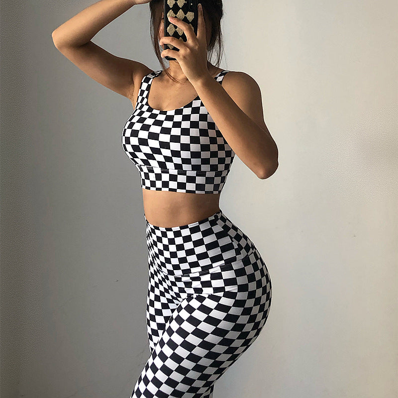 Checkered Open Back Slit Sports Bra