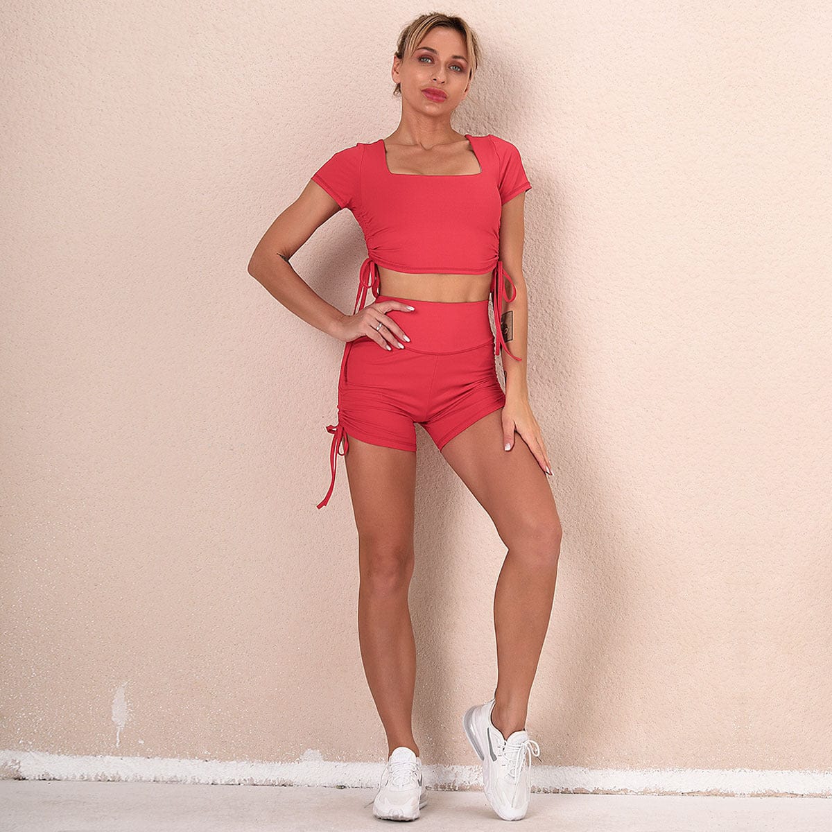Colorful Drawstring Ruched Sports Bra & High Rise Shorts Active Set