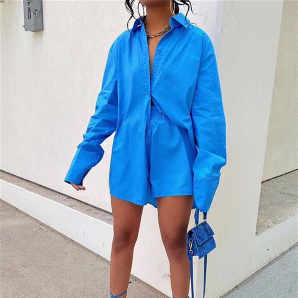 Oversized Striped Long Sleeve Button Down Shirt & Short Set