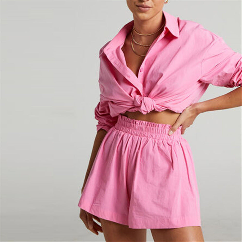 Oversized Striped Long Sleeve Button Down Shirt & Short Set