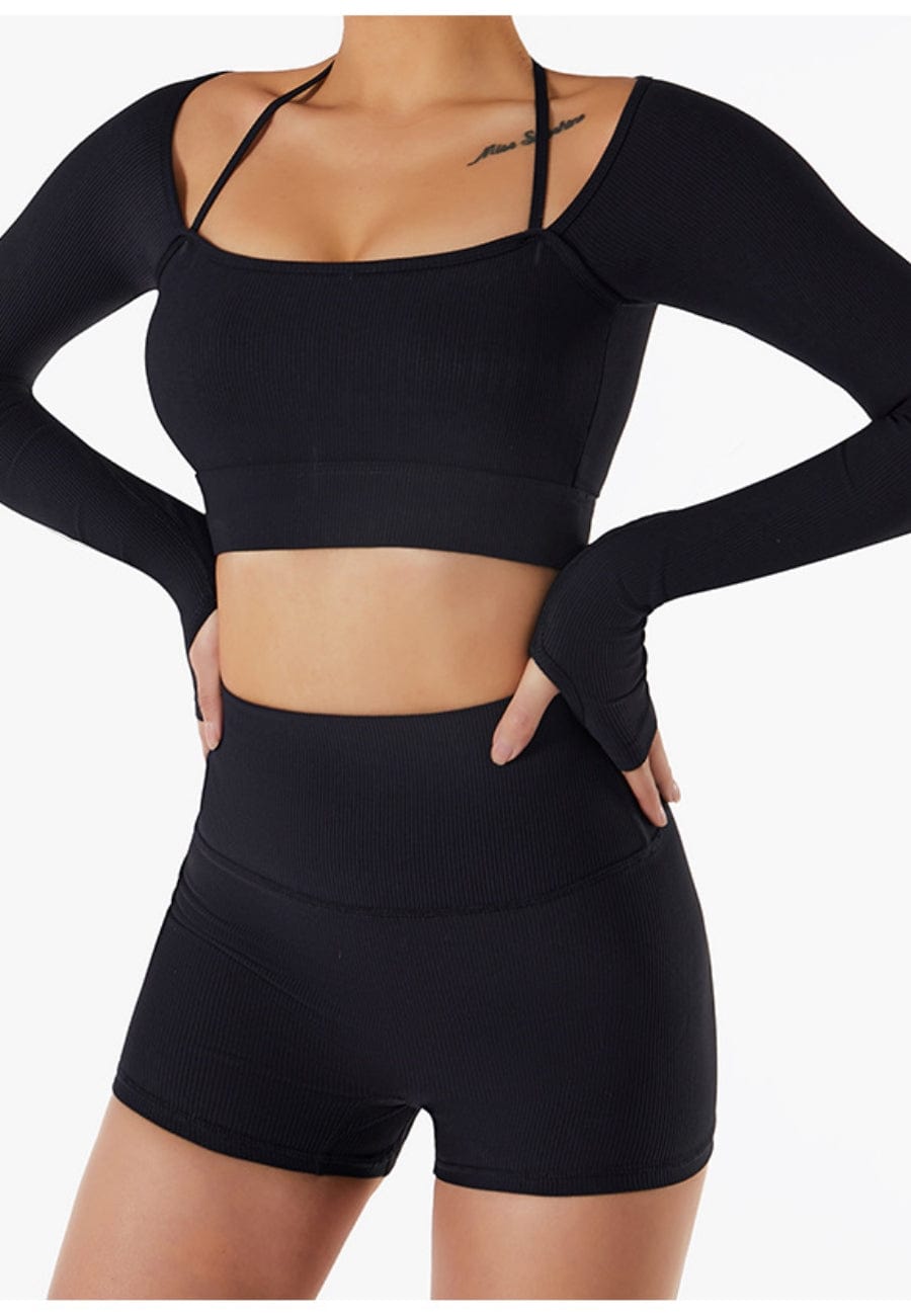 Square Neck Long Sleeve Active Top & Shorts Two Piece Set
