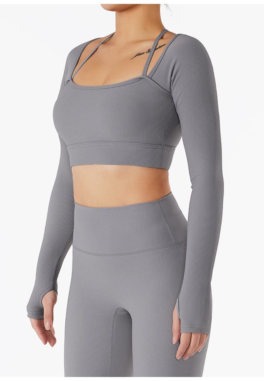 Square Neck Long Sleeve Active Top & Shorts Two Piece Set