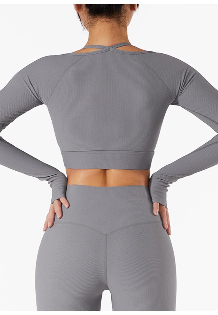 Square Neck Long Sleeve Active Top & Shorts Two Piece Set