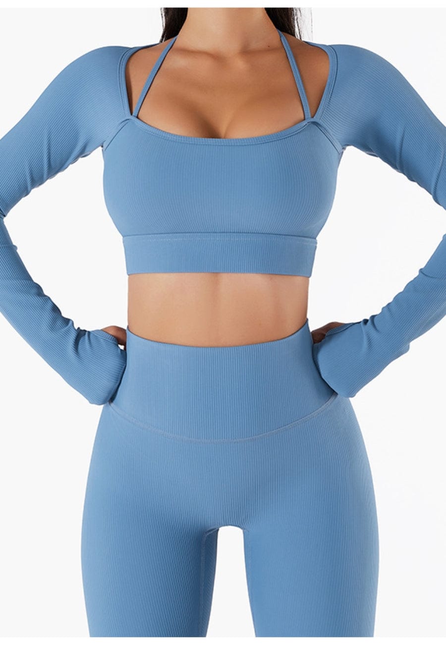 Square Neck Long Sleeve Active Top & Shorts Two Piece Set