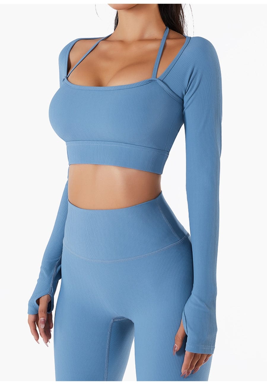 Square Neck Long Sleeve Active Top & Shorts Two Piece Set