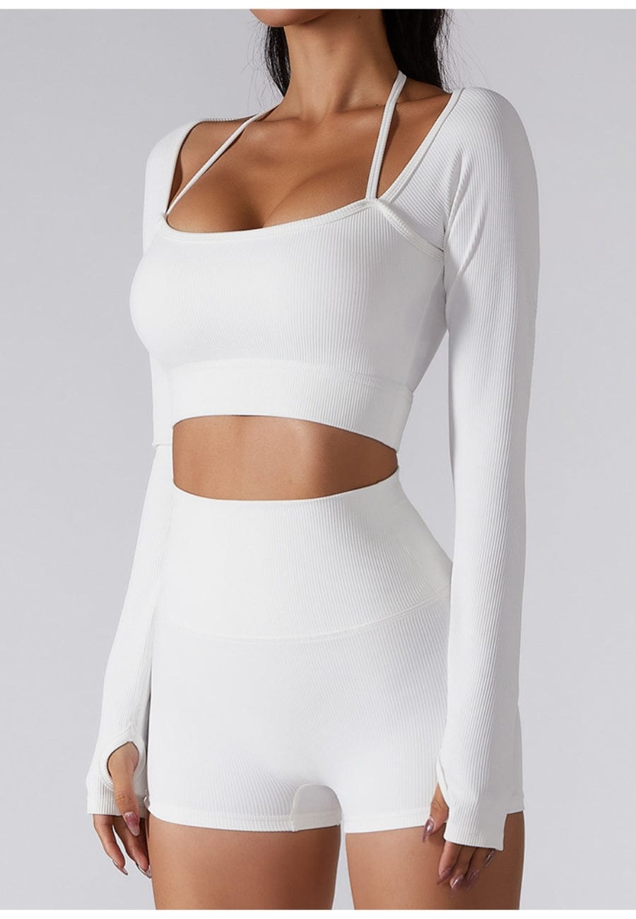 Square Neck Long Sleeve Active Top & Shorts Two Piece Set