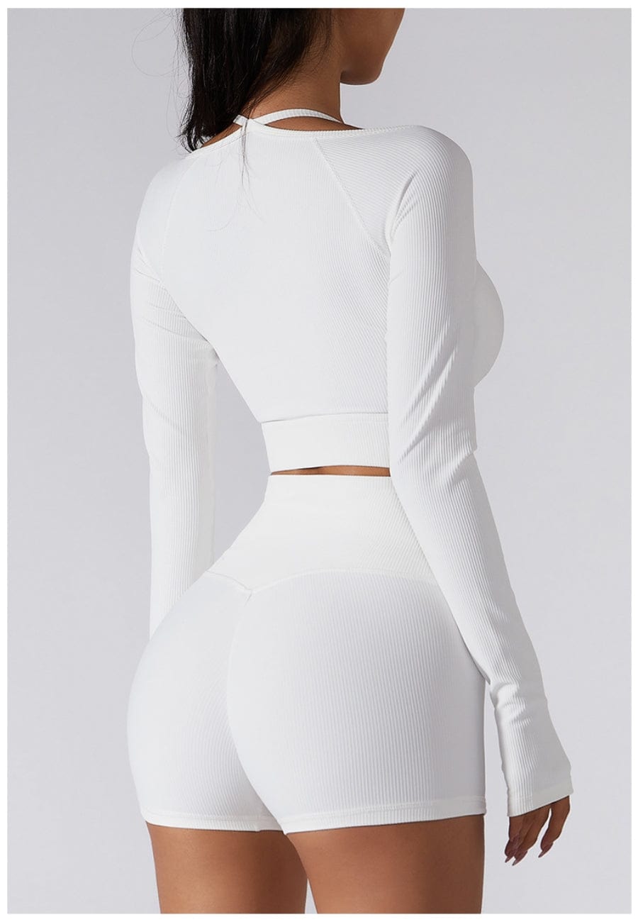 Square Neck Long Sleeve Active Top & Shorts Two Piece Set