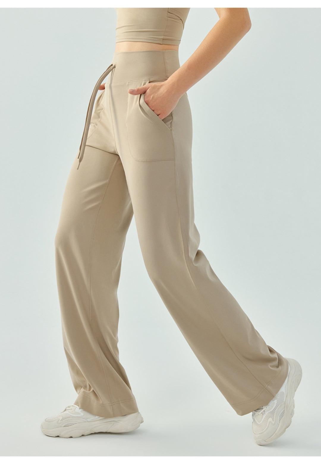 Women High-waisted Drawstring Loose Solid Color Fitness Sports Yoga Pants