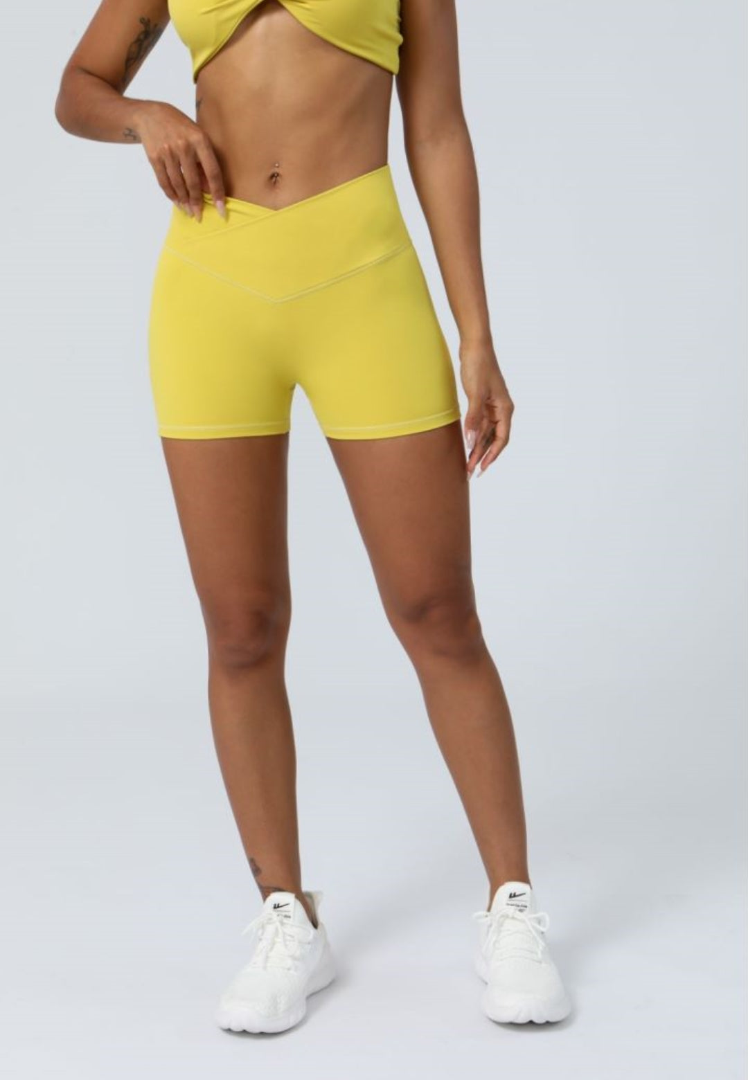 Stretch High Waist Running Fitness Crossover Waist Shorts