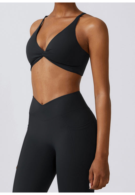 Plunge Neck Twist Front Sports Bra