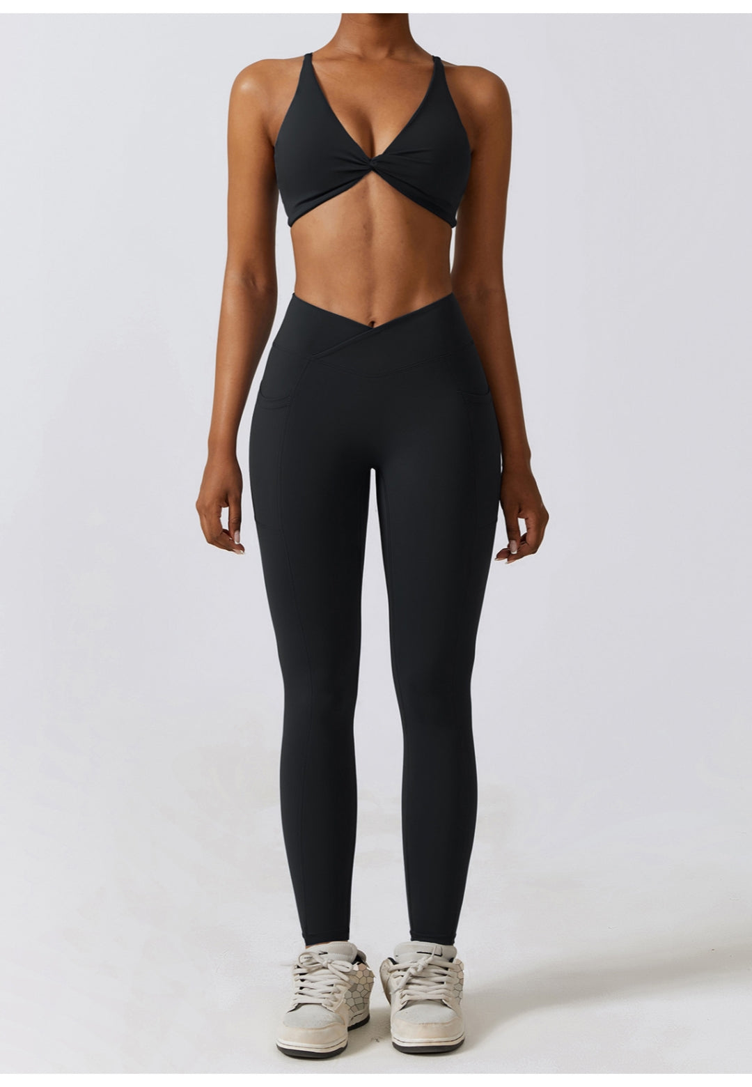 Plunge Neck Twist Front Sports Bra