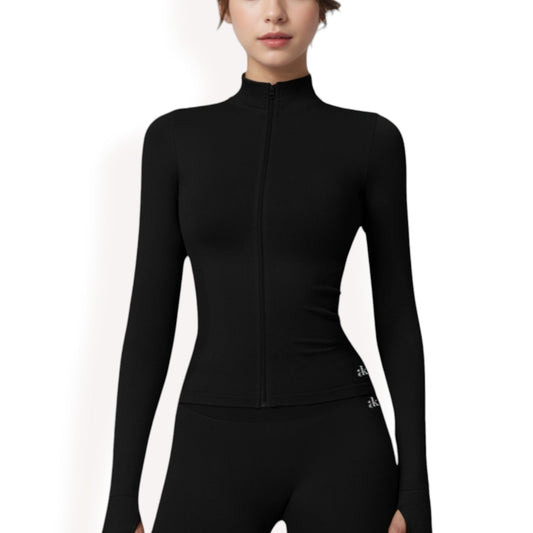 Long Sleeve Full Zip Sports Jacket with High Collar and Slim Fit Design