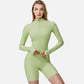 Active Women's Long Sleeve Fitted Ribbed Knit Top with Zip Collar and Thumbhole Cuffs