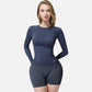 Active Women's Long Sleeve Fitted Crew Neck Top with Thumbhole Cuffs and Seam Detailing