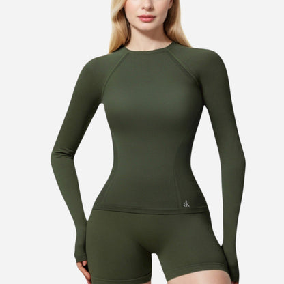 Active Women's Long Sleeve Fitted Crew Neck Top with Thumbhole Cuffs and Seam Detailing