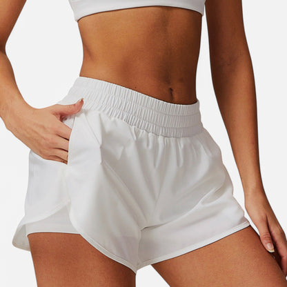 Active Women's High Waist Double Layered Running Shorts with Elastic Waistband and Curved Hem