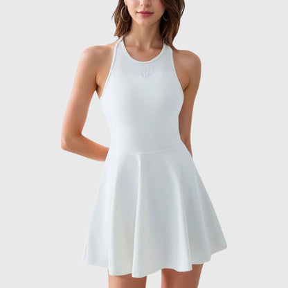 Women's High Neck Flowy Athletic Dress with Built-In Shorts