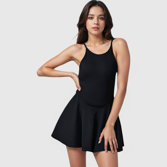 Active Women's Sleeveless Sports Dress with Flowy A-Line Skirt and Crisscross Open Back Straps
