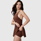 Active Women's Sleeveless Sports Dress with Flowy A-Line Skirt and Crisscross Open Back Straps