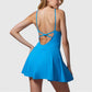 Active Women's Sleeveless Sports Dress with Flowy A-Line Skirt and Crisscross Open Back Straps