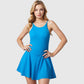 Active Women's Sleeveless Sports Dress with Flowy A-Line Skirt and Crisscross Open Back Straps