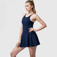 Active Women's Sleeveless Sports Dress with Flowy A-Line Skirt and Crisscross Open Back Straps