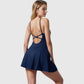 Active Women's Sleeveless Sports Dress with Flowy A-Line Skirt and Crisscross Open Back Straps