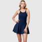 Active Women's Sleeveless Sports Dress with Flowy A-Line Skirt and Crisscross Open Back Straps