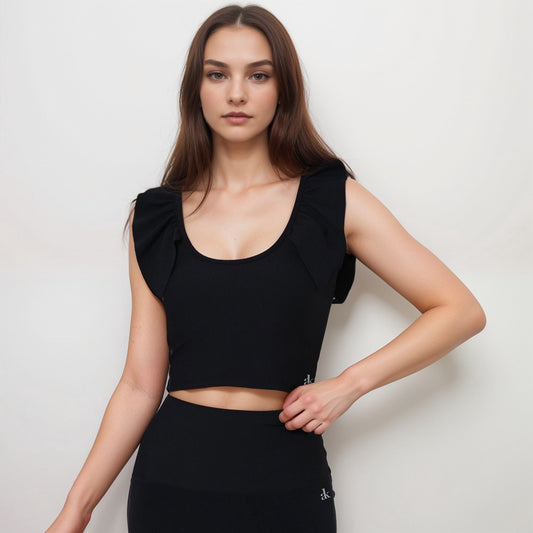 Active Women's Ribbed Scoop Neck Crop Top with Flutter Shoulder Details and Seamless Fitted Design