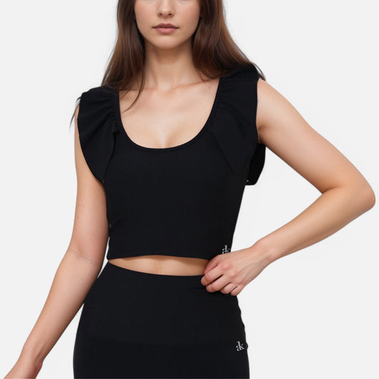 Active Women's Ribbed Scoop Neck Crop Top with Flutter Shoulder Details and Seamless Fitted Design