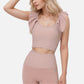 Active Women's Ribbed Scoop Neck Crop Top with Flutter Shoulder Details and Seamless Fitted Design