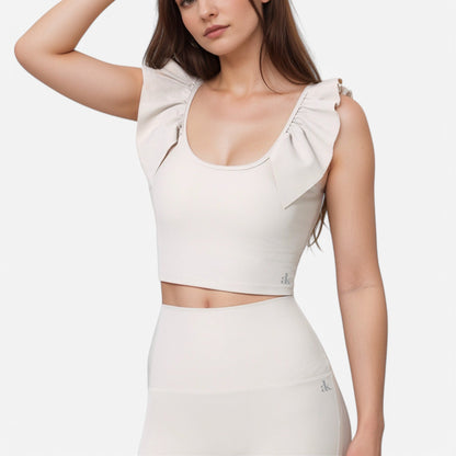 Active Women's Ribbed Scoop Neck Crop Top with Flutter Shoulder Details and Seamless Fitted Design