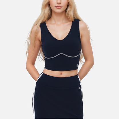 Active Women's Seamless V-Neck Crop Top with Contour Stitching and Contrast Piping Detail